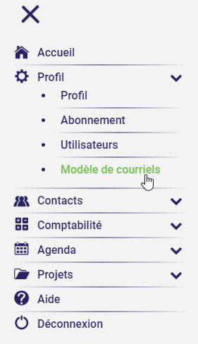 Menu, Profil, Modèles de courriel